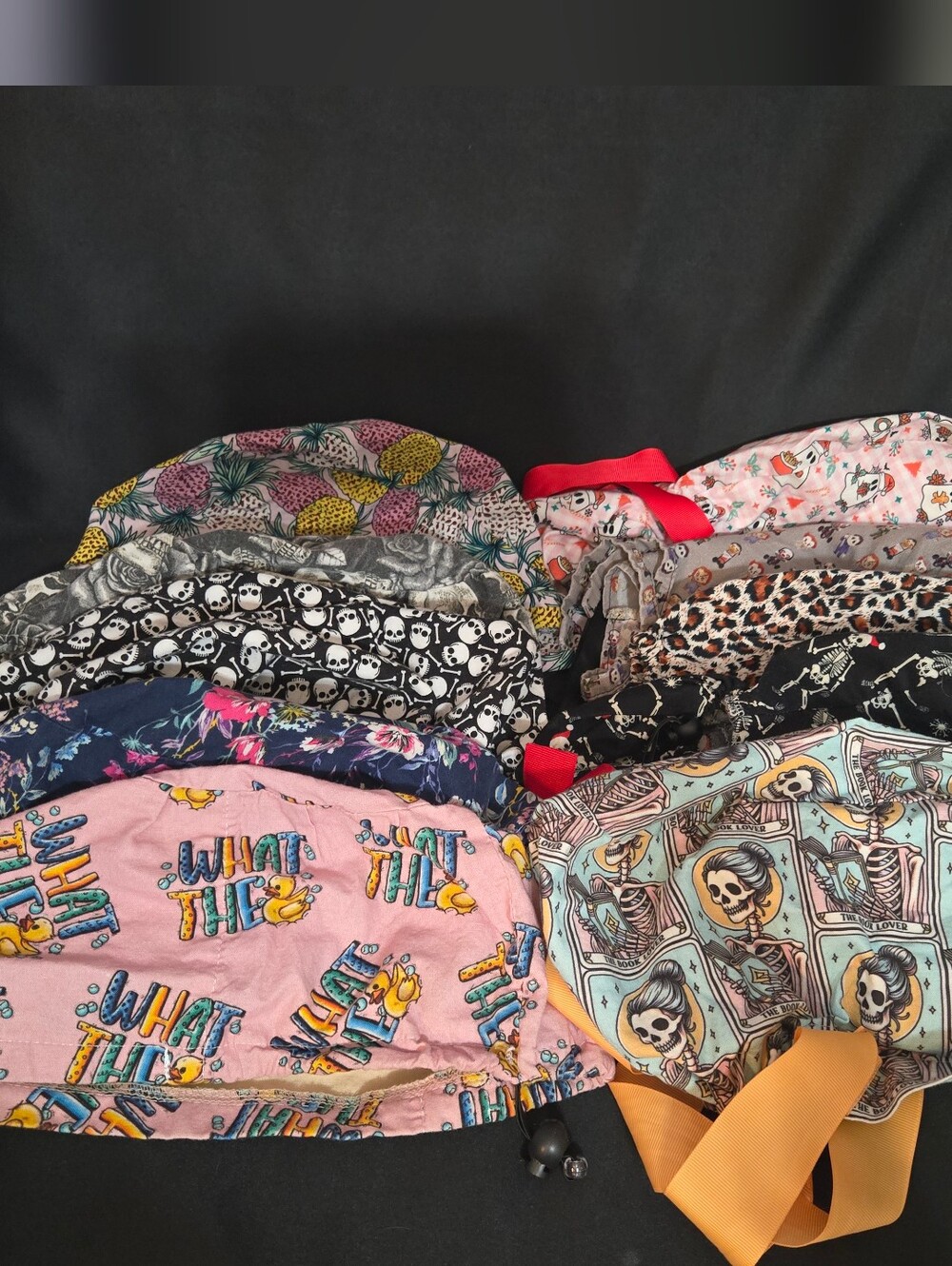 10 Total Assorted Womens Scrub Caps- Pink, Black, Teal, Yellow